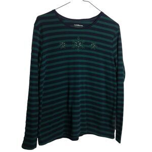 "Snowflakes"Croft&Barrow Classic Tee women's size L t-shirt green & blue stripe
